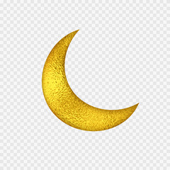 Gold foil half moon. Yellow glossy texture decor isolated on transparent background. Vector shiny golden metallic crescent for Ramadan Kareem greeting card design