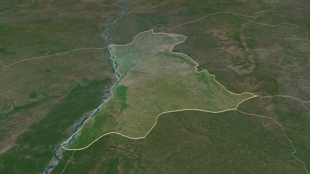 Anambra, state with its capital, zoomed and extruded on the satellite map of Nigeria in the conformal Stereographic projection. Animation 3D