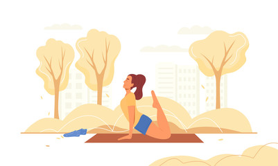 Young woman doing yoga exercises outdoors amongst woodland trees or in a garden in a health and fitness or healthy lifestyle concept, vector illustration