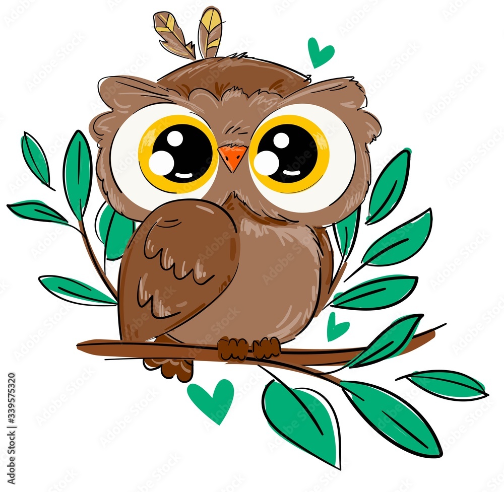 Poster hand drawn cute owl sitting on a branch with foliage isolated on a white background. bird vector ill