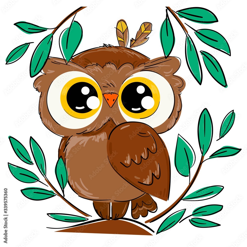 Poster hand drawn cute owl sitting on a branch with foliage isolated on a white background. bird vector ill