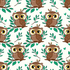 Cute owl and leaves seamless pattern background. Beautiful childish print design element.