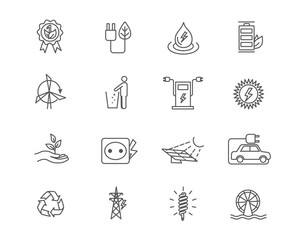 Set of alternative energy sources black and white linear icons. Vector illustration