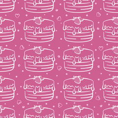 Chocolate cake with strawberries vector seamless pattern on pink background. Pink and white holiday background hand-drawn. Design for textile, wrapping, print.