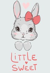 Hand drawn cute rabbit with bow childish print for children's textiles. Vector