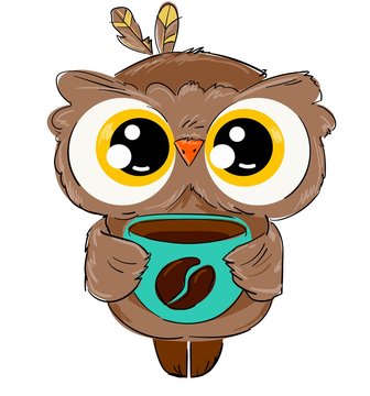Hand drawn cute owl with a coffee mug isolated on a white background childish illustration. Vector bird. Coffee bean print.