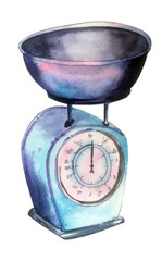 Beautiful watercolor handdrawn illustration. Metallic kitchen scale isolated on white backround.