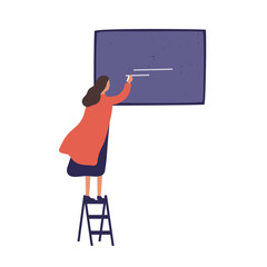 Cartoon female standing on stairs whiting on blackboard use chalk vector flat illustration
