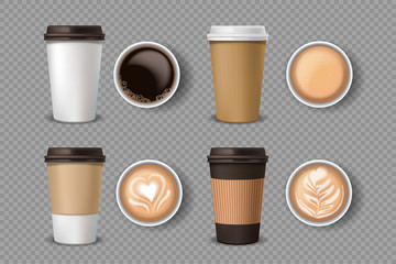  Empty label white paper coffee cup takeaway , Set of plastic containers or paper cups of coffee. Top view white coffee cup with cappuccino americano espresso latte. Mockup in a transparent background