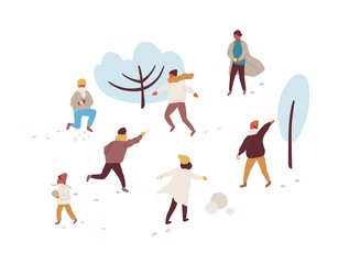 Happy cartoon people playing snowballs and making snowman vector flat illustration. Joyful colorful man, woman and kid enjoy outdoors activity at winter park isolated on white background
