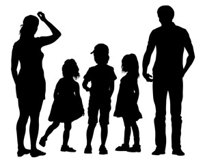 Families with little child walking on street. Isolated silhouettes of people on white background