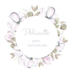 wedding invitation card with flowers Watercolor floral frame with roses, leaves, branches, herbs isolated on a white background. Floral greeting card or invitation.
