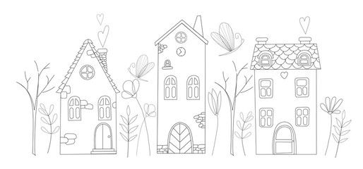 Set of line art houses Black graphic isolated elements