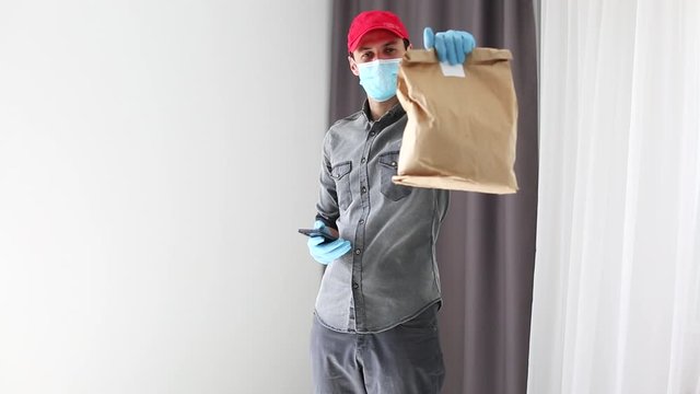 COVID-19 Shelter At Home Pharmacy Delivery Man With Gloves And Mask, Leaves Medication