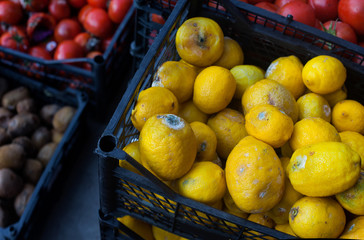 Rotten fruits and vegetables on a market. Spoiled lemons and tomatoes in plastic cases. Expired food. Economic crisis