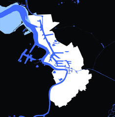 Antwerpen (Antwerp), Belgium administrative white map — rivers and water on black background