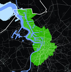 Antwerpen (Antwerp), Belgium administrative green map — rivers, water, roads and highways on black background