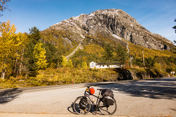 Fototapeta premium Expedition bike parked, mountains in the background