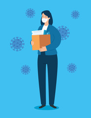 businesswoman sad unemployed with box and particles covid 19 vector illustration design