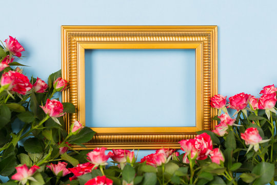Golden frame empty blank picture surrounded spray red roses on light blue background . Copy space free space for text. Holiday card concept. Mock up. Greeting. Mother's Day. St Valentine's Day. Love .