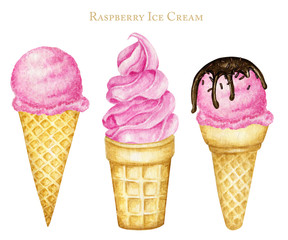 Various Raspberry Strawberry pink ice-cream scoops decorated with chocolate in waffle cone set. Watercolor illustration isolated on white background.