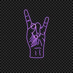 Vector glowing neon rock n roll hand isolated on dark transparent background, shining illustration.