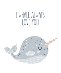 Vector handgetekende poster voor kinderkamerdecoratie met schattige walvis en mooie slogan. Doodle illustratie. Perfect voor babyshower, verjaardag, kinderfeestje, voorjaarsvakantie, kledingprints