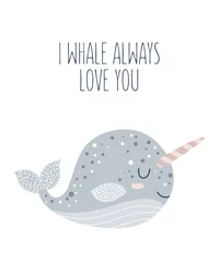 Foto op Plexiglas Walvis Vector handgetekende poster voor kinderkamerdecoratie met schattige walvis en mooie slogan. Doodle illustratie. Perfect voor babyshower, verjaardag, kinderfeestje, voorjaarsvakantie, kledingprints