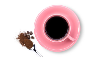 Closeup pink cup of black coffee and   instant coffee powder in stainless teaspoon with coffe beans...