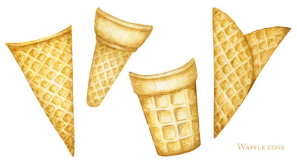 Empty ice cream cones set on white background. Realistic Watercolor illustration Ice-cream cone tasty isolated on white background.