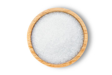 Close-up Monosodium glutamate ( MSG ) in wooden bowl isolated on white background. Top view. Flat lay.