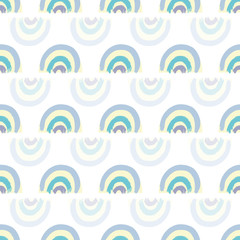 Seamless vector childish geometric rainbow pattern on white background. Hand painted brush texture in blue tones on white background. Surface pattern design.
