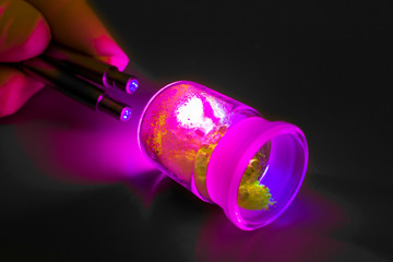 Photoluminescence chemical materials, called fluorescent. Powder glows in the dark under UV light...