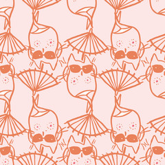 Vector fashion sexy beach cat seamless pattern. Luscious funny beach cat wellbeing illustration in sketch style. Cartoon animals background. Doodle kitty. Surface pattern design.