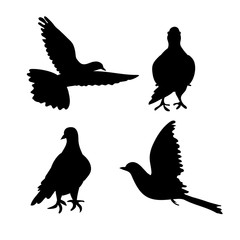 Set of bird dove icon flying in sky and sitting. Flat cartoon character design. Black cute peace pigeon silhouette template. Vector illustration isolated on white background.