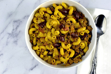 chili macaroni on a marble table