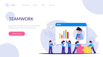 Teamwork. Presentation or video conference in the browser. Growth schedule. The joint work of the people. Modern flat vector illustration.