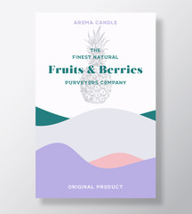Fototapeta premium Aroma candle vector label template. Fruits and berries scent from local purveyors advert design. Pineapple sketch background layout with abstract waves decor. Natural smell product package text space