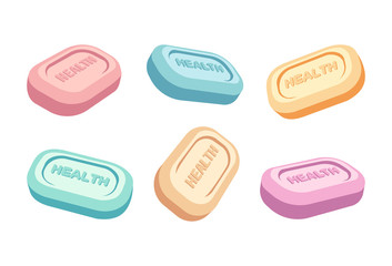 Set of 3D realistic bar of soap at different angles with sign Health isolated on white background. Vector illustration.
