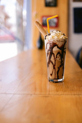 A delicious mocha frappe on a table at a restaurant
