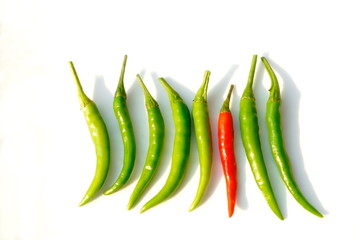 In the photo, red and green chili peppers. Seven pods on a white background.