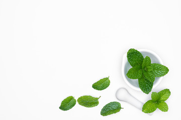 Mortar Grinder drugs with fresh herbs - Mints isolated on white background.  For copy space.