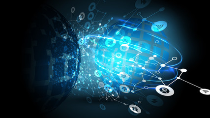 Blue abstract network backround with globe, vector illustration