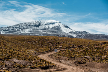 road leading through the desert to snowy mountains