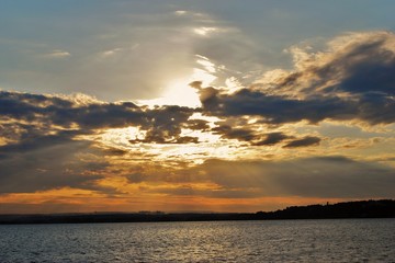 Sunset over the Volga river, color photo