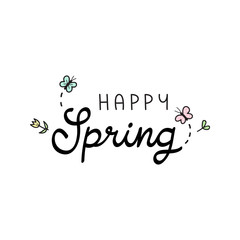 Happy Spring vector handwriting illustration. Hand drawn outlined flowers and butterflies. Seasonal greeting card text, isolated.