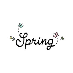 Spring vector handwriting illustration. Hand drawn outlined flowers and butterflies. Seasonal greeting card text, isolated.