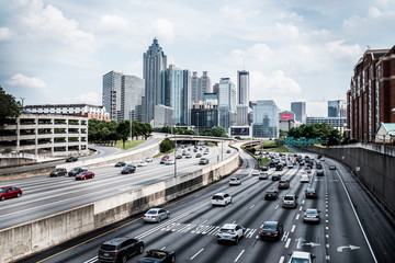 traffic on the highway through city skyline in Atlanta