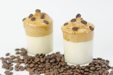 Dalgona Korean coffee with decorated coffee beans on the top
