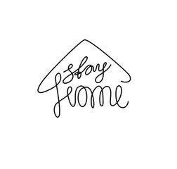 Stay home inscription, continuous line drawing, hand lettering, print for clothes, t-shirt, emblem or logo design, one single line on a white background. Isolated vector illustration.